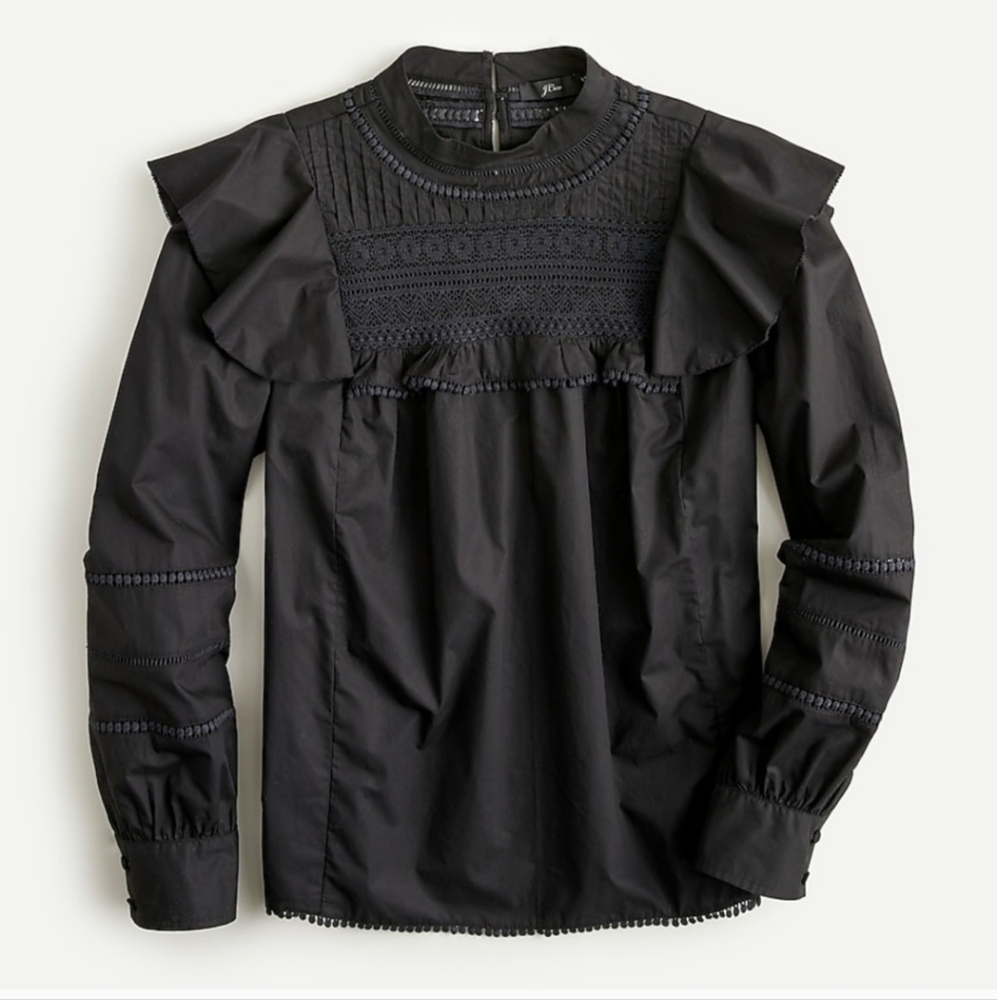 J.Crew Black Crocheted Lace Ruffled Long Sleeved Top Size M